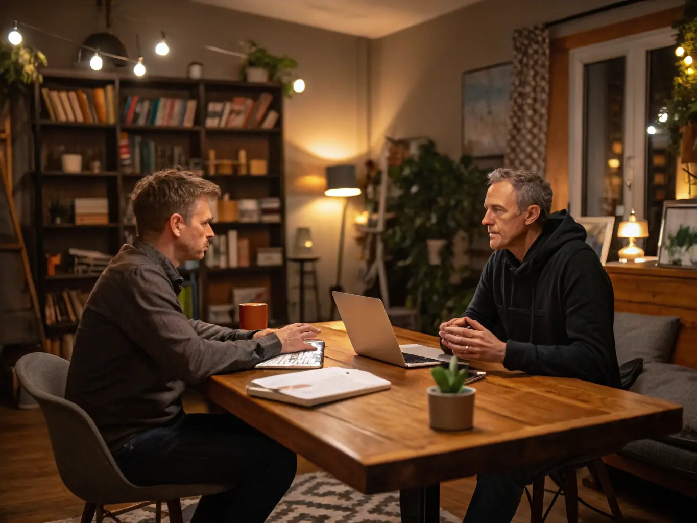 A coach and client engaged in a focused one-on-one session in a private office setting, representing Personalized Coaching Journeys.