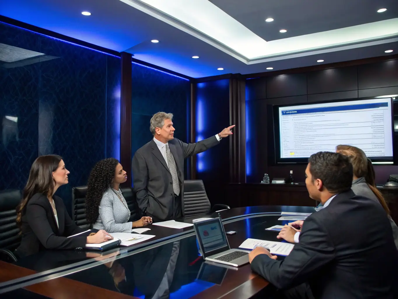 An image of a confident professional leading a team meeting in a modern office environment, representing Leadership Growth Coaching.