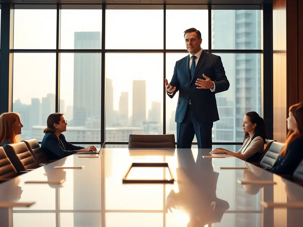 A business professional confidently leading a team meeting, showcasing strong leadership skills and effective communication.